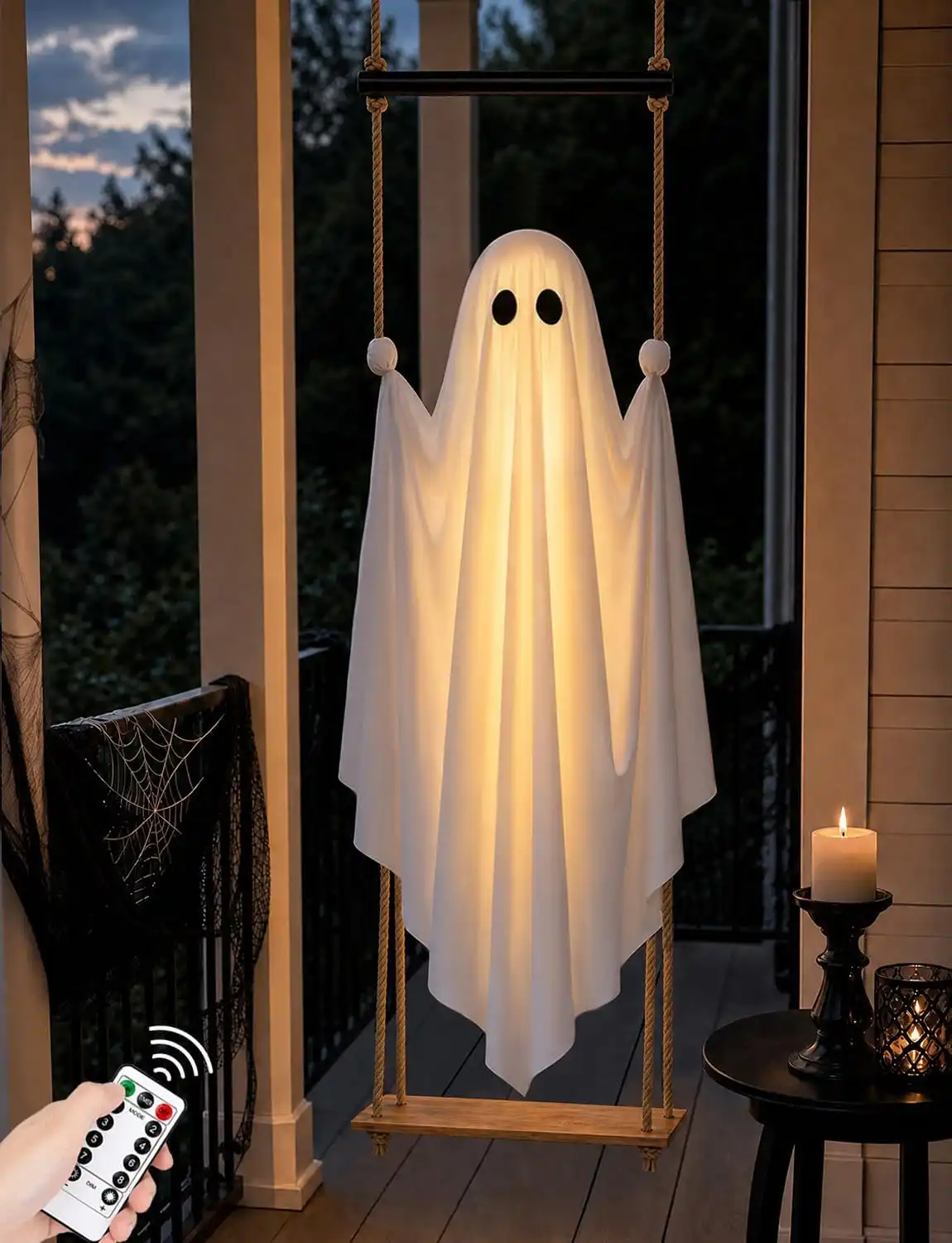 Halloween Decorations Outdoor 5FT Large Pre-Assembled Hanging Swing Ghost | ready-to-hang ghost,remote waterproof lights,stable&adjustable,sturdy–ideal for porches, trees, yards & entryways