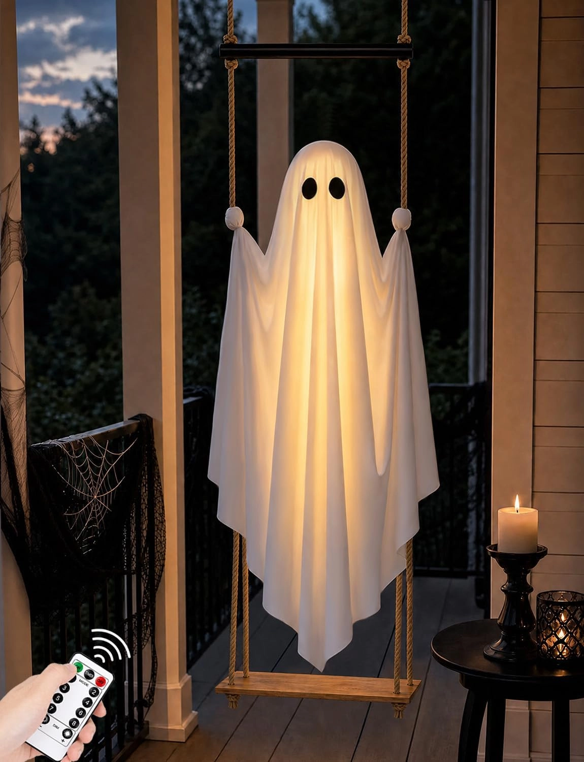Halloween Decorations Outdoor 5FT Large Pre-Assembled Hanging Swing Ghost | ready-to-hang ghost,remote waterproof lights,stable&adjustable,sturdy–ideal for porches, trees, yards & entryways